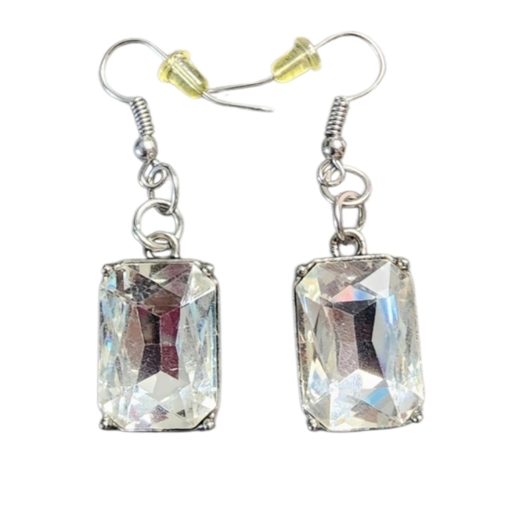 Silvertone Crystal Earrings Large Emerald Cut